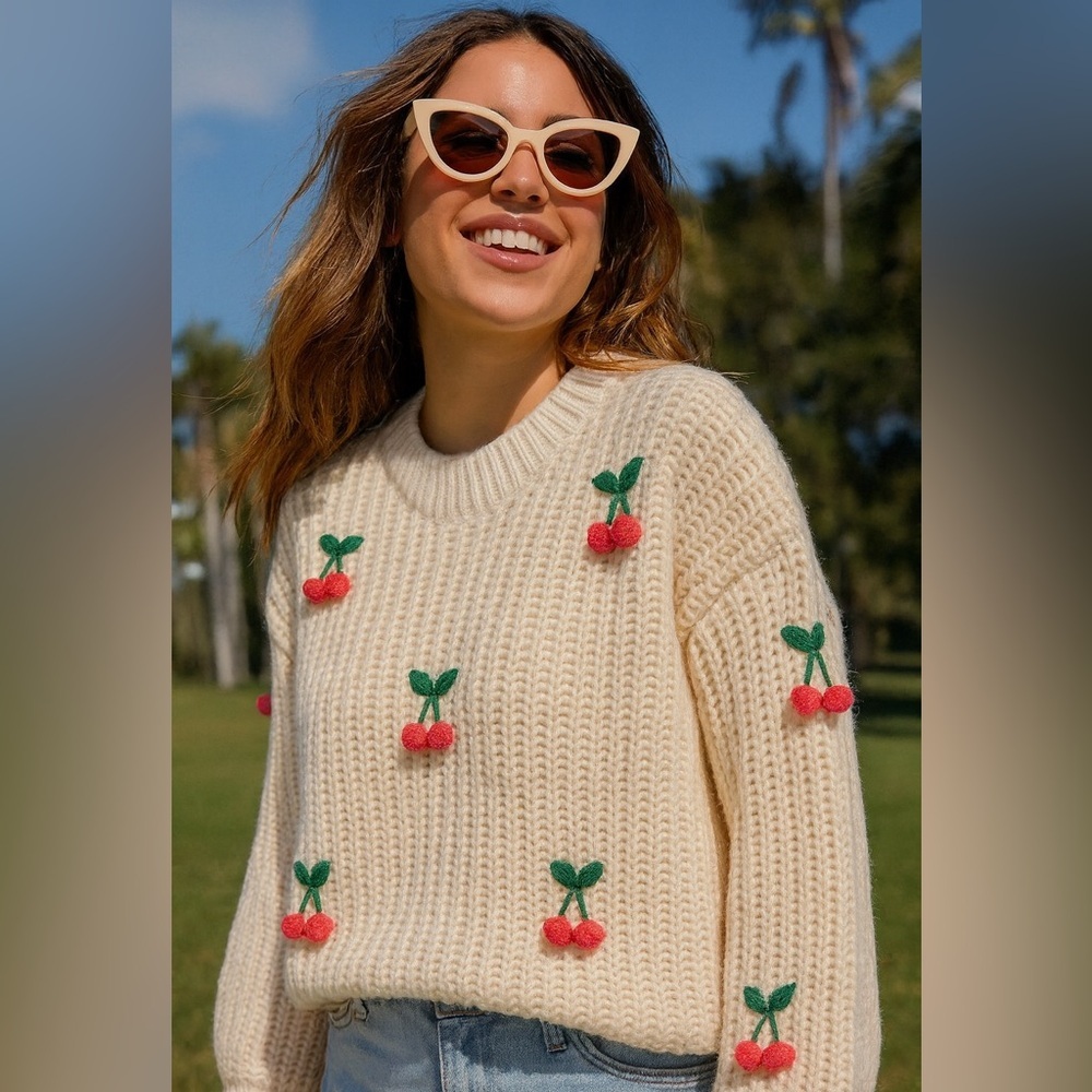 3D Cherry Print Oversized Pullover Sweater Crew Neck